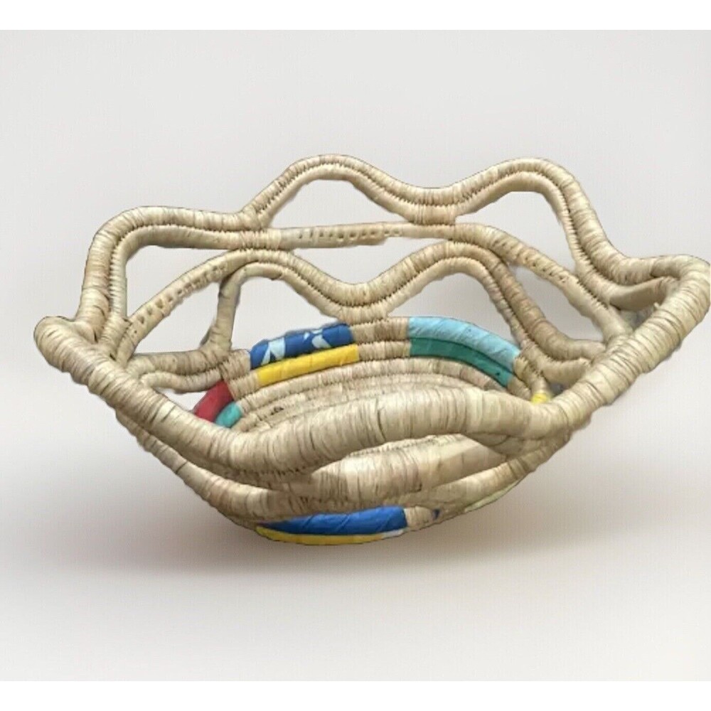 African Woven Basket Star Shaped Handles Colorful Rainbow Multicolor Boho Decor